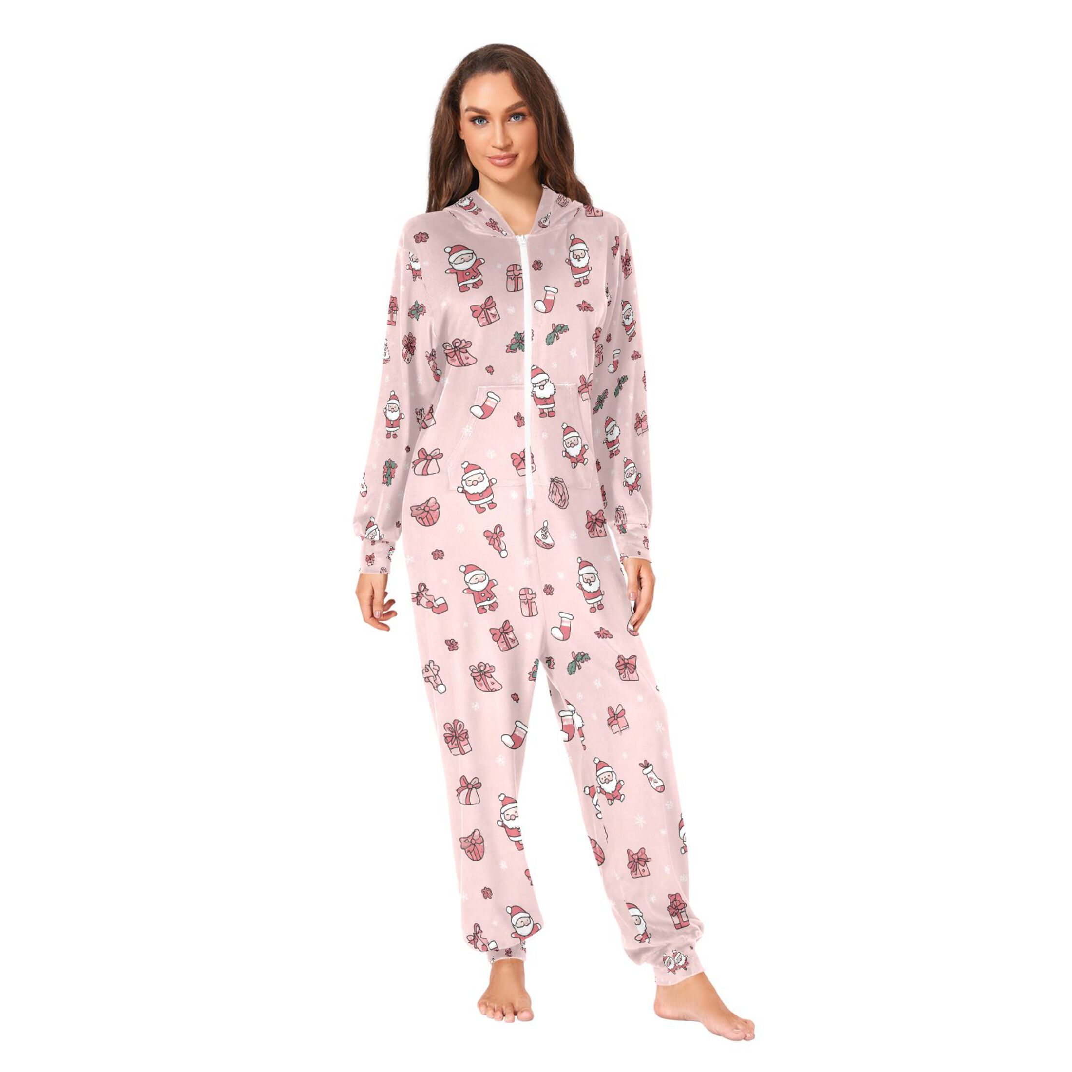 Adult Christmas Onesie Pink Bow Socks Adult Zipper One-Piece Pajamas Unisex Pajamas with Pockets