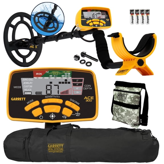 Garrett ACE 300 Metal Detector w/ 7 x 10″ Waterproof Coil, Carry Bag, Camo Pouch