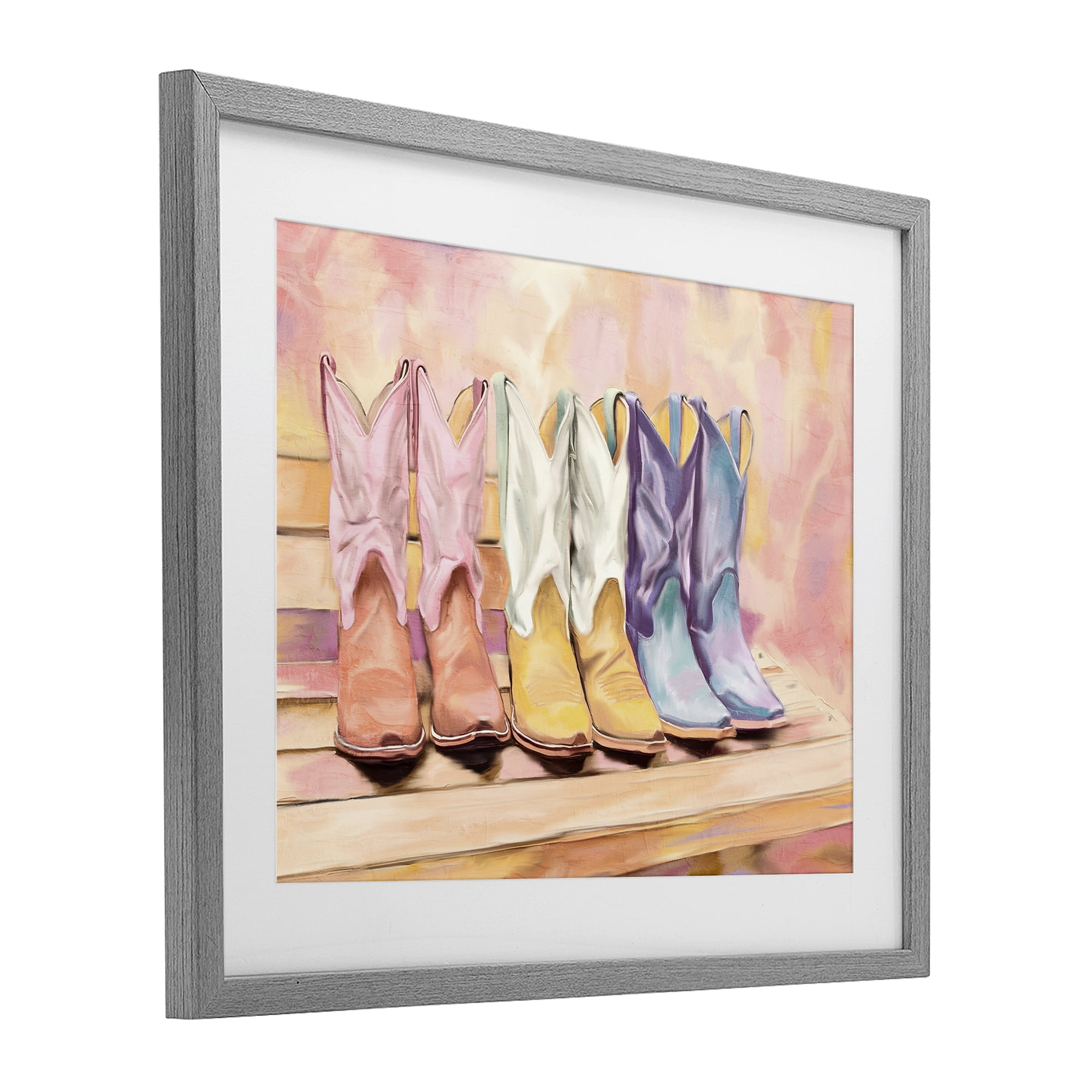 Painted Boots Trio Gray Framed Print Under Glass, design by Kim Allen