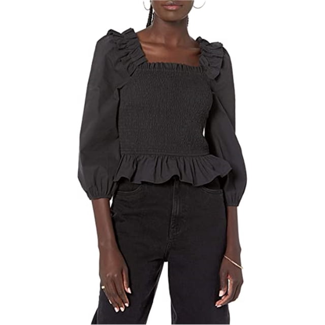 The Drop Mujer Marisol Smocked Ruffled Blusa negra XL