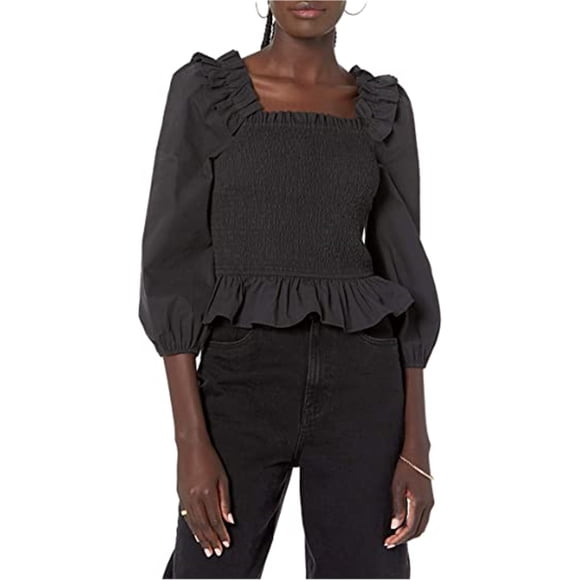 The Drop Mujer Marisol Smocked Ruffled Blusa negra XL