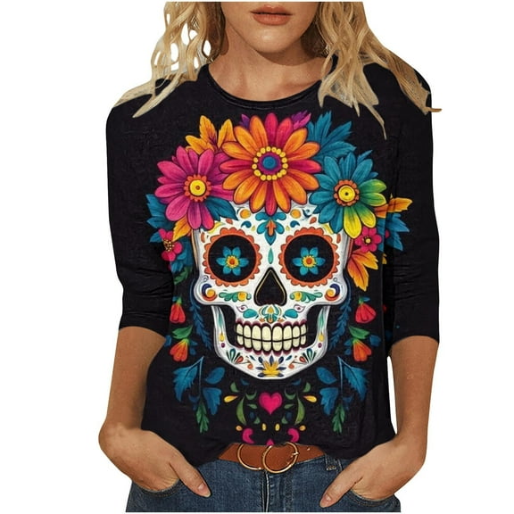 Hueook Fall Shirts for Women Tie Dye Shirt Women Ladies' Day Of The Dead Printed Round Neck Three Quarter Sleeve 3/4 Sleeve T-shirt Loose Top Long Sleeved Round Neck Top/shirt Multicolor 4X