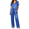 thumbnail image 5 of Silk Pajamas for Women 2 Piece Satin Pjs Cap Short Sleeve Sleepwear V Neck Shirt Long Pant Lounge Sets Blue L(L), 5 of 6