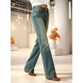 thumbnail image 2 of Women's High Waisted Flare Jeans with Wide Stitched Hem Detail, Medium Blue Wash Bootcut Denim Pants for Fall Casual Wear, 2 of 7