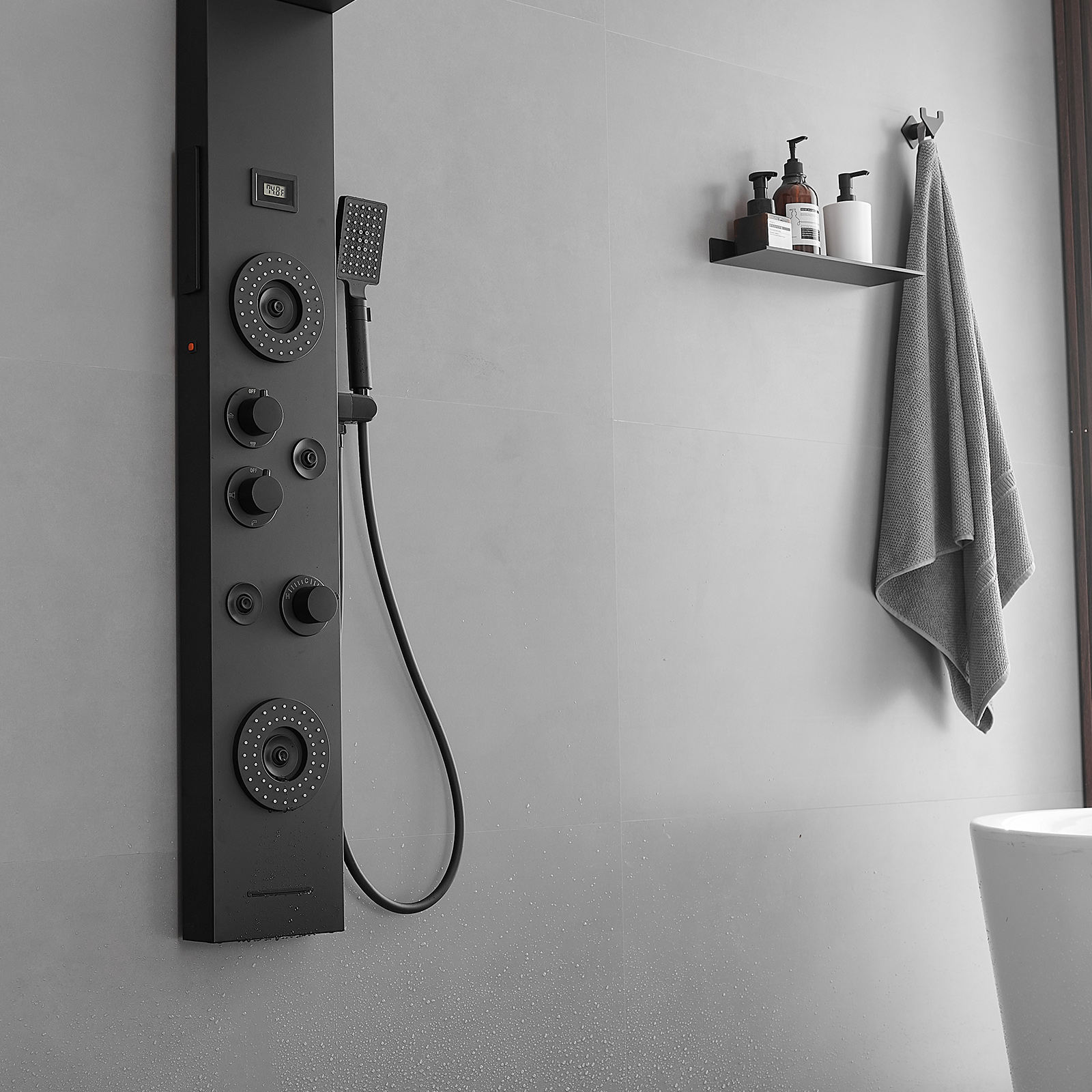 5-Jet Rainfall Shower Panel System with Rainfall Waterfall Shower Head and Shower Wand With LED Light in Stainless Steel