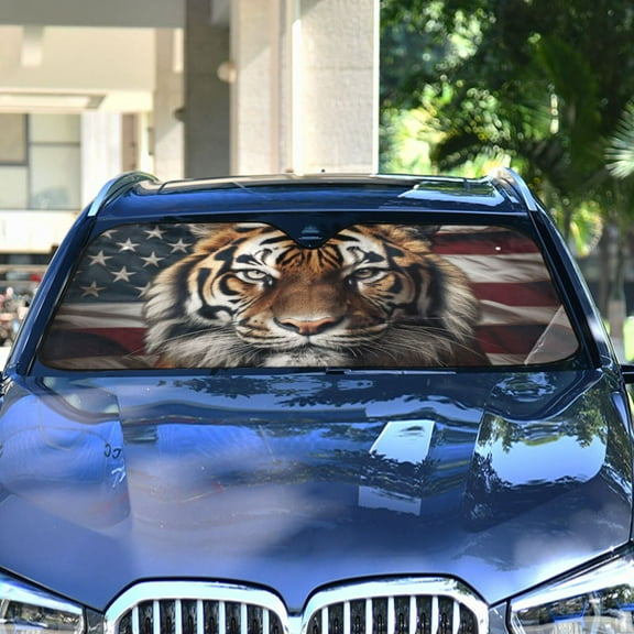 Tiger American Flag Automotive Front Car Windshield Sun Shade Reflector Foldable for Front Fit for Cars Truck SUVs