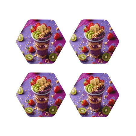 

Honeii Fruit Parfait Colorful Print Leather Coaster Set of 4 Ideal for Safeguarding Your Furniture from Drinks Spills and Effortless Cleanup-Hexagon