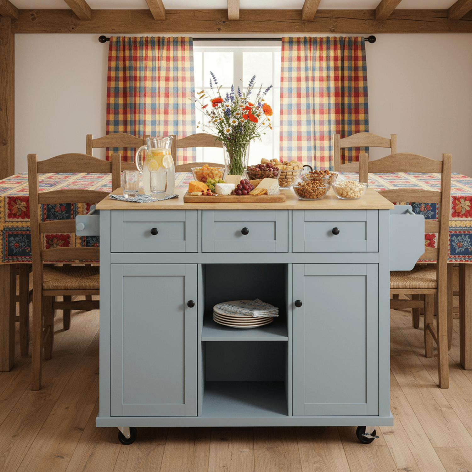Homy Casa Kitchen Serving Cart with Folding Top Drop Leaf, Storage Cabinet and Wheels, Grey Blue