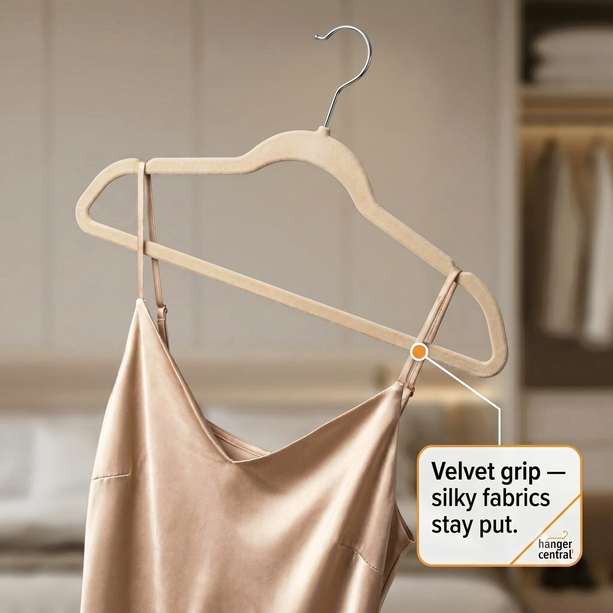 Hanger Central 25 Pack Space Saving Beige Velvet Non-Slip Hangers with Swivel Hook