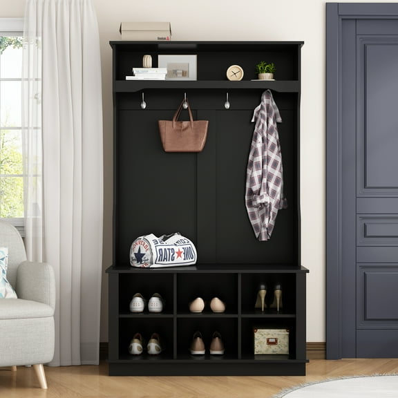 OXYLIFE Hall Tree and Shoe Storage Bench with 6 Cube and 4 Hooks, Black
