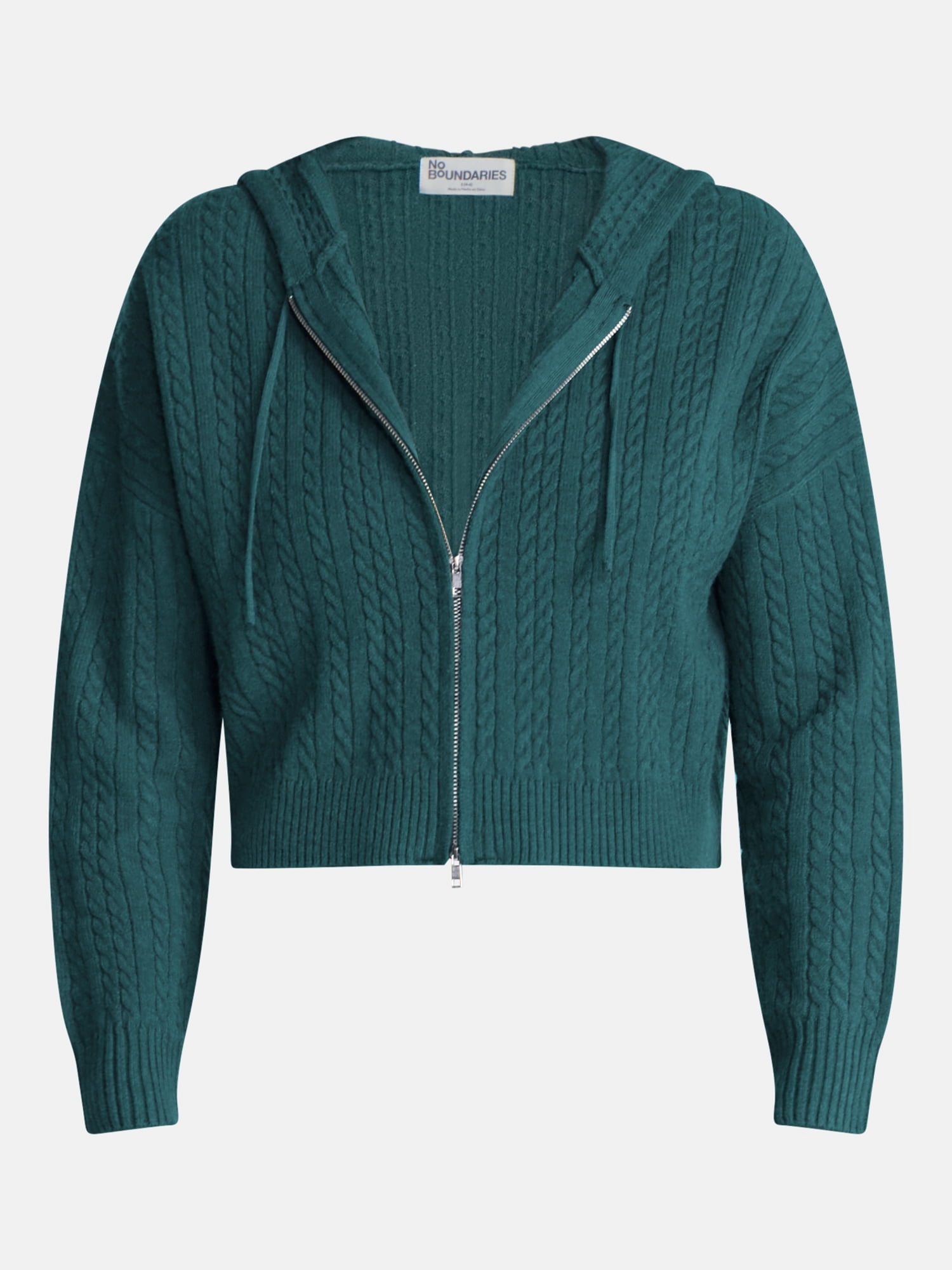 No Boundaries Cable Knit Zip Up Sweater with Hood, Women's XXS-XXL