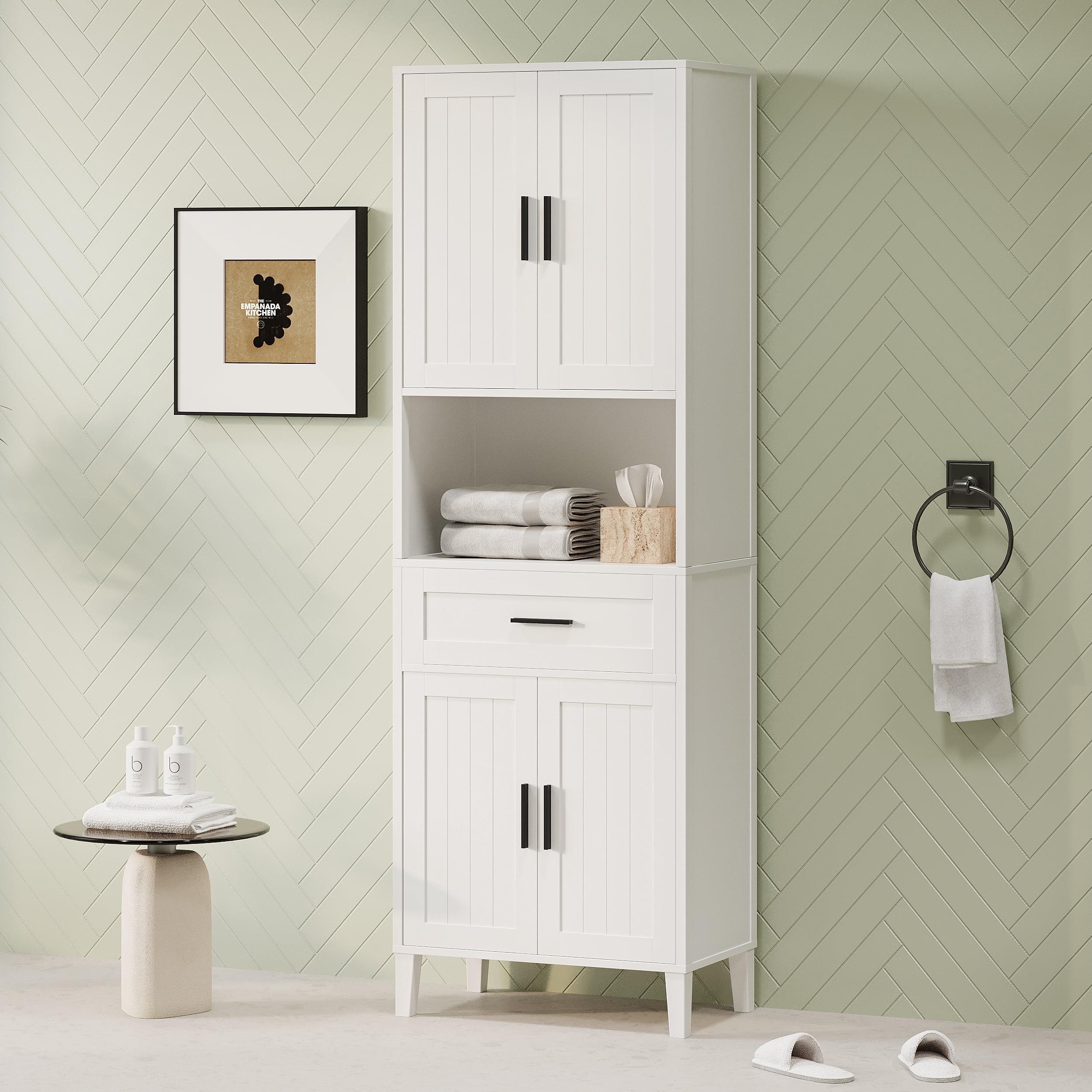 Euroco Tall Bathroom Storage Cabinet with Adjustable Shelves, Soft-Close Doors, and Drawer, Water-Resistant Finish