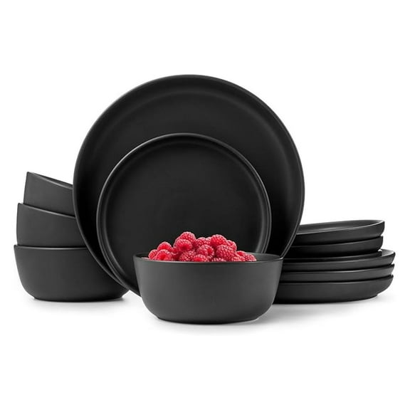 Dinnerware Sets, Stoneware Dinnerware Sets, Plates and Bowls Sets, Dishes, 12-Piece Service for 4, Matte Black