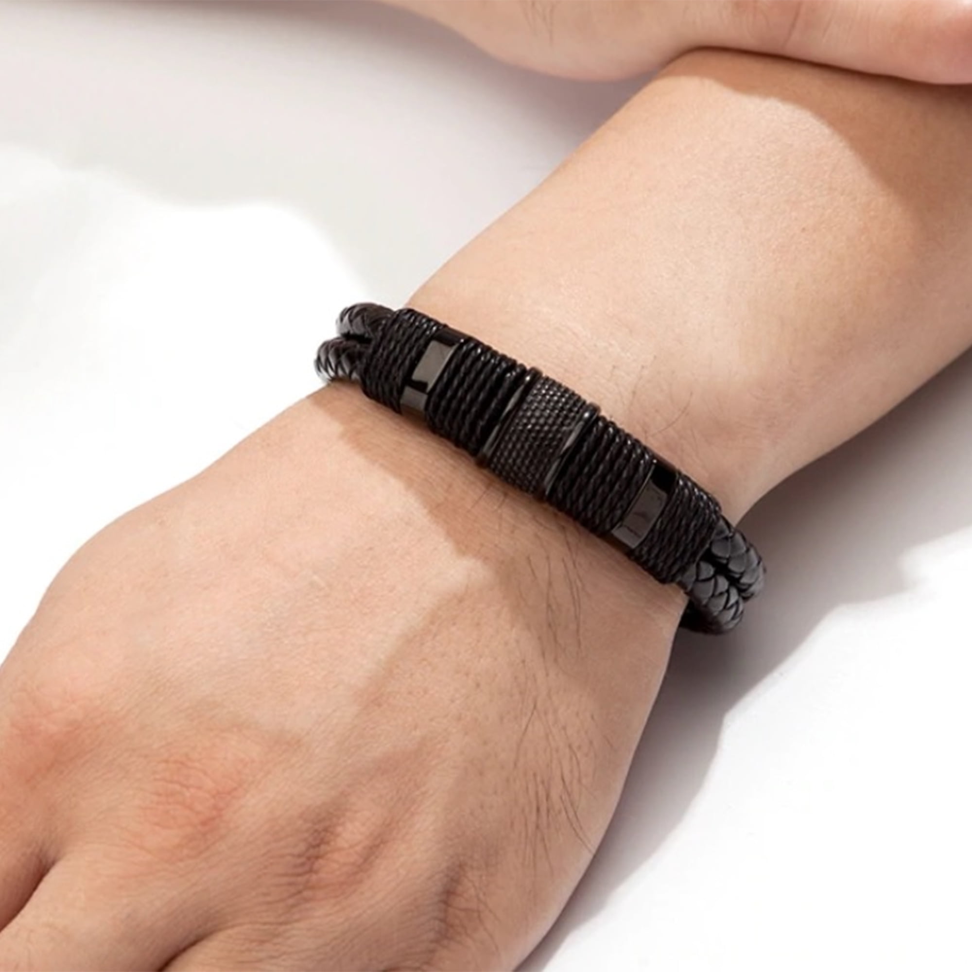 Double Layer Woven Leather Rope Bracelet for Men in 3 Lengths, Black, 9.0 in