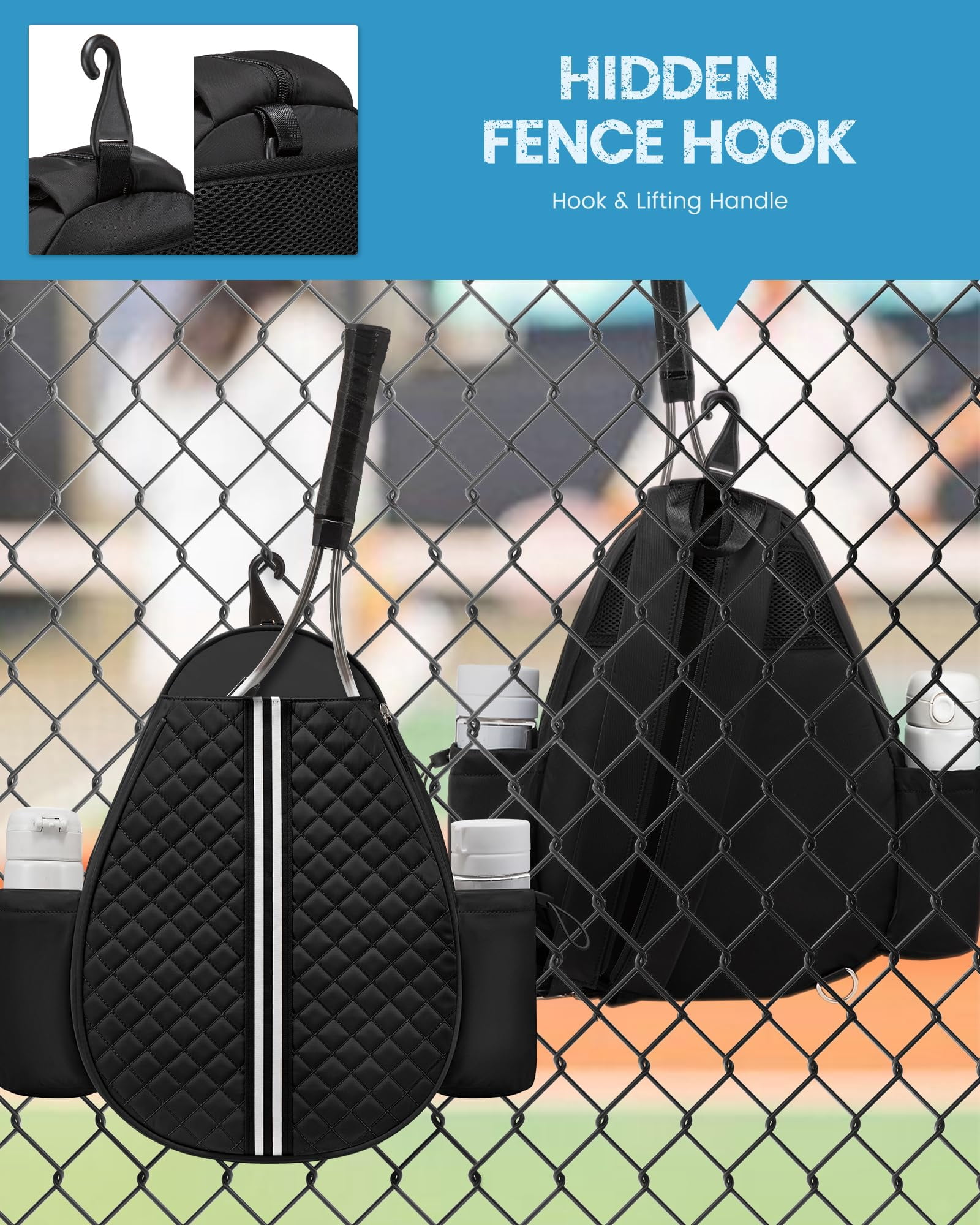 Omlopp Tennis Bag, Quilted Tennis Sling Crossbody Backpack, Water Resistant Tennis Racket Bags for Women Men, Suitable for Pickleball Tennis Badminton