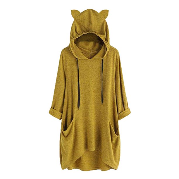 Gibobby Sudadera sin capucha y ocio Sudaderas con capucha de orejas de con estampado de letras de manga larga informal para mujer, sudadera con cordón, blusa con bolsillo (Amarillo, XL)