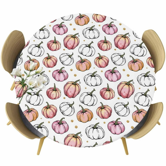 Thanksgiving Pink Pumpkins Round Tablecloth 36-44 Inch Round Fitted Table Cloth with Elastic Edge, Fall Abstract Farmhouse Waterproof Table Cover Protector for Outdoor Picnic Party Dining