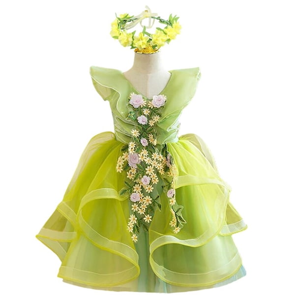 Tinkerbell Fairy Dress Girl Disney Princess Tiana Disfraz de cumpleaños Fiesta de Halloween Traje de cosplay con alas Niños Green Frocks9-10T (Etiqueta 150) Gao Jinjia LED