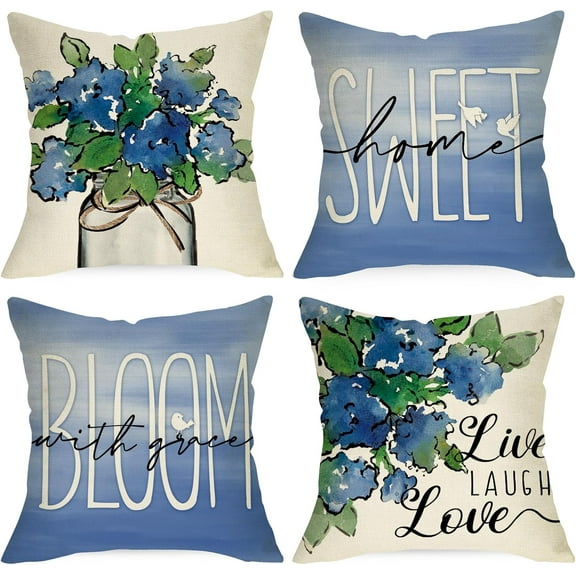 Blue Flower Spring Summer Decorative Throw Pillow Covers 18 x 18 Set of 4, Sweet Home Bloom with Grace Floral Mason Jar Cushion Case Decor, Live Laugh Love Birds Home Decoration for Sofa Couch