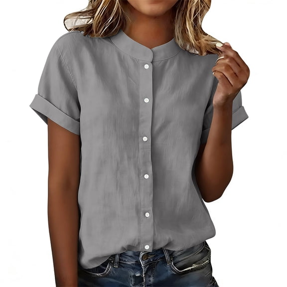 GUACER Women's Short Sleeve Button Down Shirts Linen Stand Collar Loose Fit Casual Blouses Tops