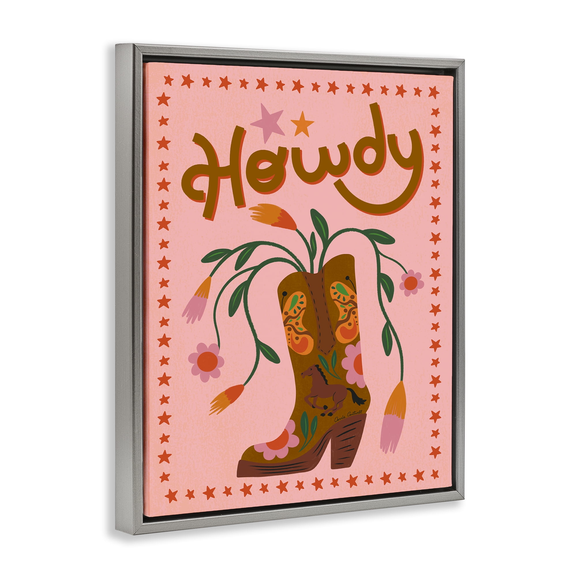 Stupell Industries Howdy Floral Cowgirl Boots Entertainment Painting Gray Floater Framed Canvas Art Print Wall Art, 25 x 31