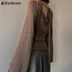 thumbnail image 3 of Suéter negro informal transparente para mujer, jersey de manga larga acampanada, sin espalda, con cordones, estilo vintage, ajustado, 3 of 6