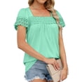 thumbnail image 3 of Blusa de manga corta con costuras de encaje, camiseta informal holgada de manga corta de color puro para mujer, verde claro XXL, 3 of 6