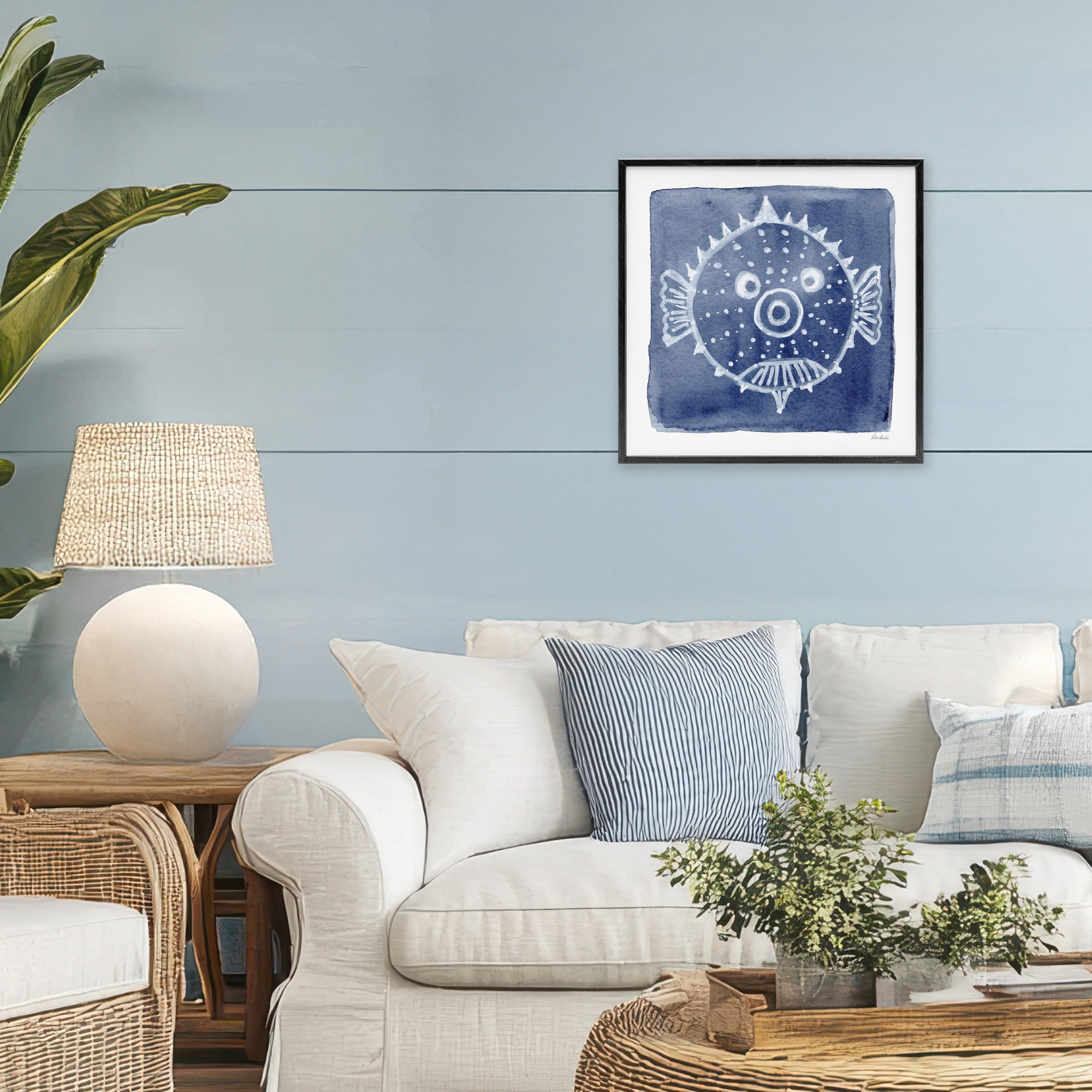 Stupell Industries White Blow Fish on Indigo Black Framed Giclee Art, design by Patti Bishop