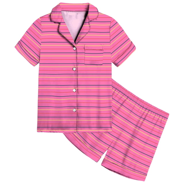 Ensemble de Pyjama en Satin pour Filles, Haut à Manches Courtes avec Shorts Assortis, Tenue de Nuit Confortable, Imprimé à Rayures Doux, Tenue Décontractée pour Tout-Petits et Ados