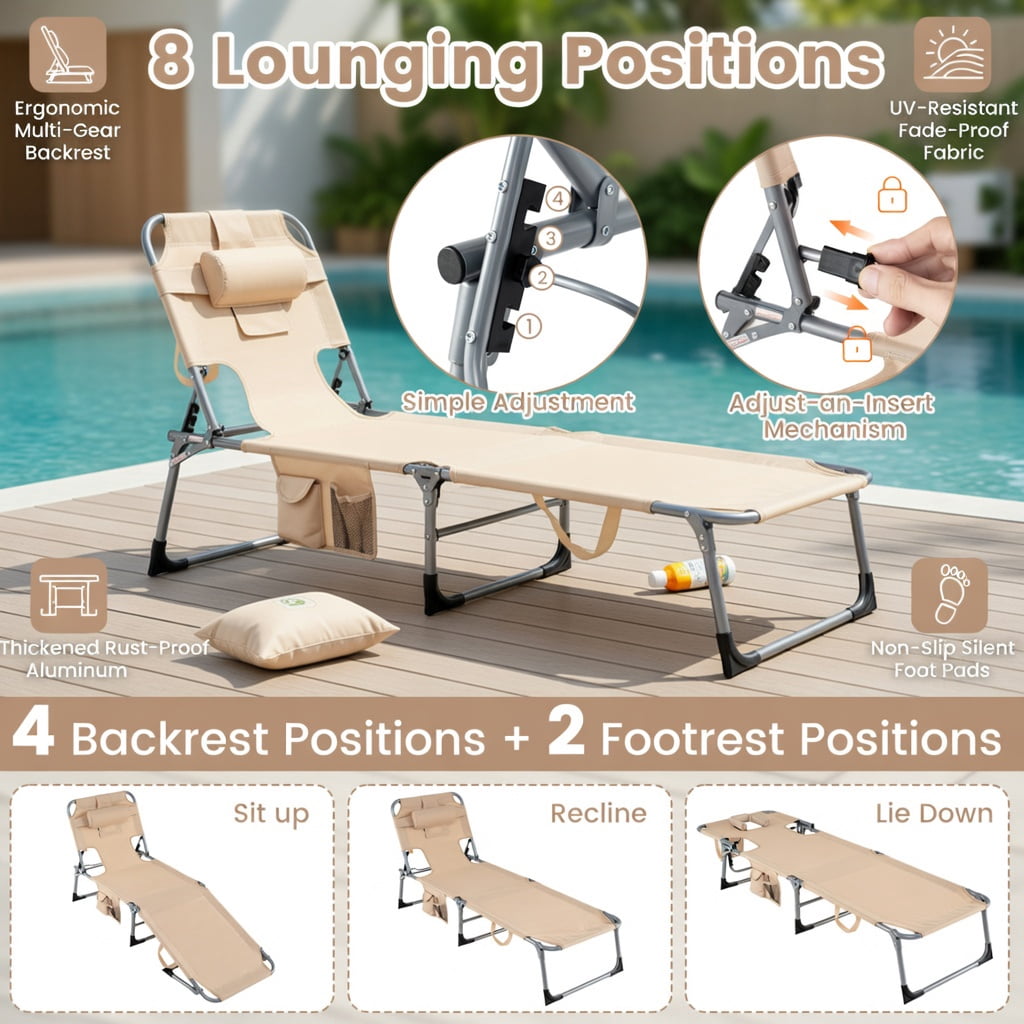 Hommoo Foldable Tanning Chair with Face & Arm Holes, Lightweight Portable Beach Chair for Pool, Patio, and Outdoor Use, Beige