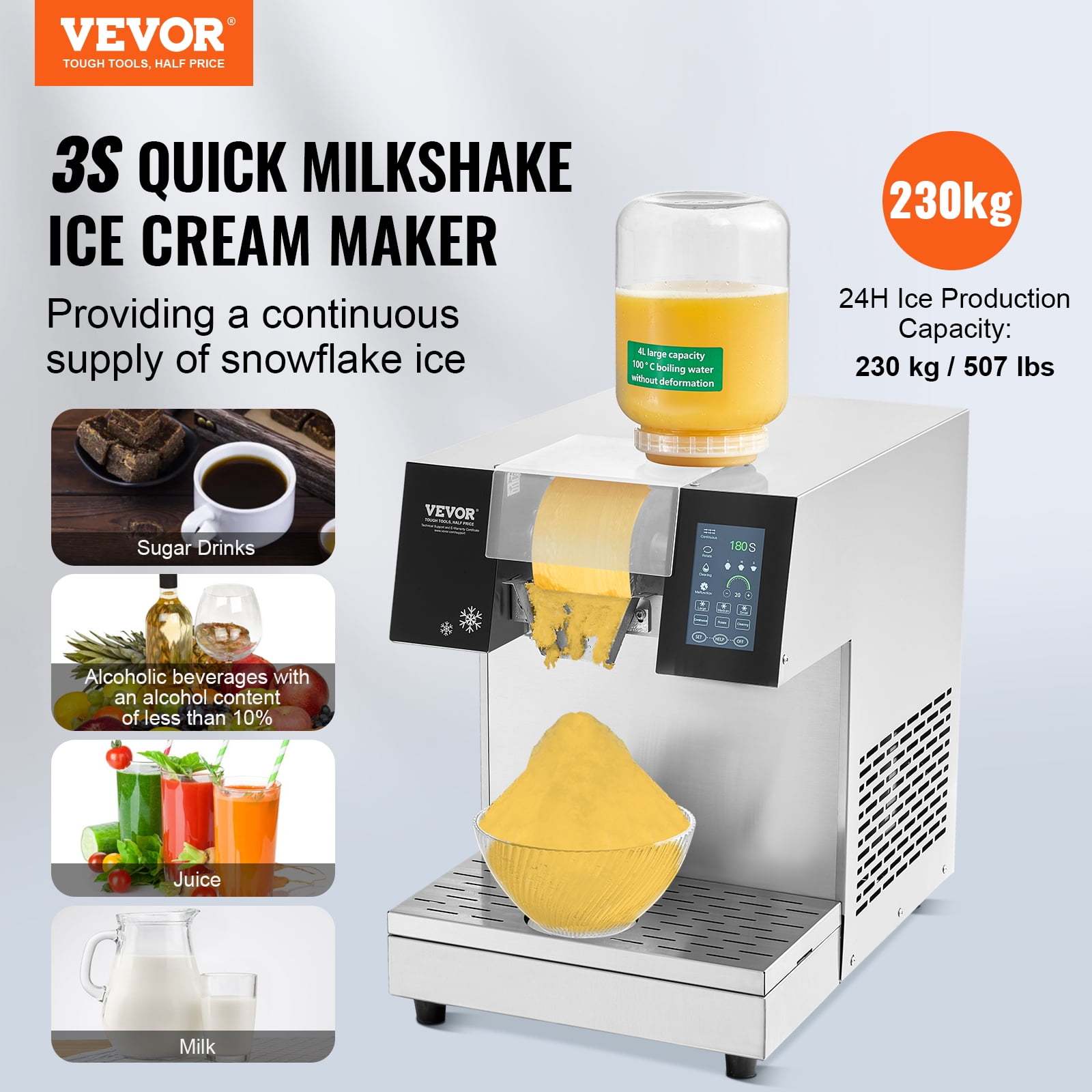 VEVOR Commercial Snowflake Ice Machine, 507LBS/24H Snowflake Ice Maker, Stainless Steel Ice Shaver Machine, Electric Snow Cone Maker, Air Cooling System for Rapid Heat Dissipation, for Bakery, Cafe