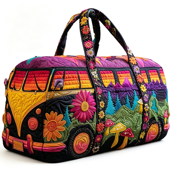 AOMRCOL Hippie Van Quilted Duffel Bag for Women,Vintage Floral Boho Travel Weekender Bag,Large Overnight Luggage Tote with Shoulder Strap for Gym,Weekend Trips and Daily Use(18 X 9 X 9"Es)