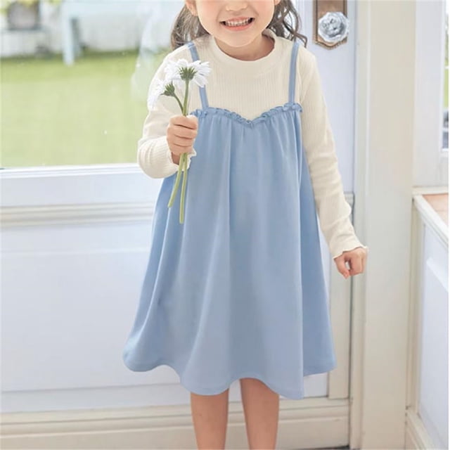 Odeerbi Niñas Punto Rib Twofer Vestido Manga Larga Algodón Primavera Otoño Color Sólido Cuello Redondo Vestido Suelto