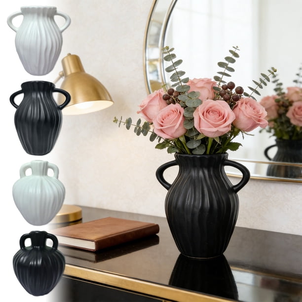 Jarrón de plástico negro o blanco 8,27 pulgadas centro de mesa decorativo • Forma moderna de botella redondeada • Para flores secas Plantas de pampas Decoración de oficina en casa