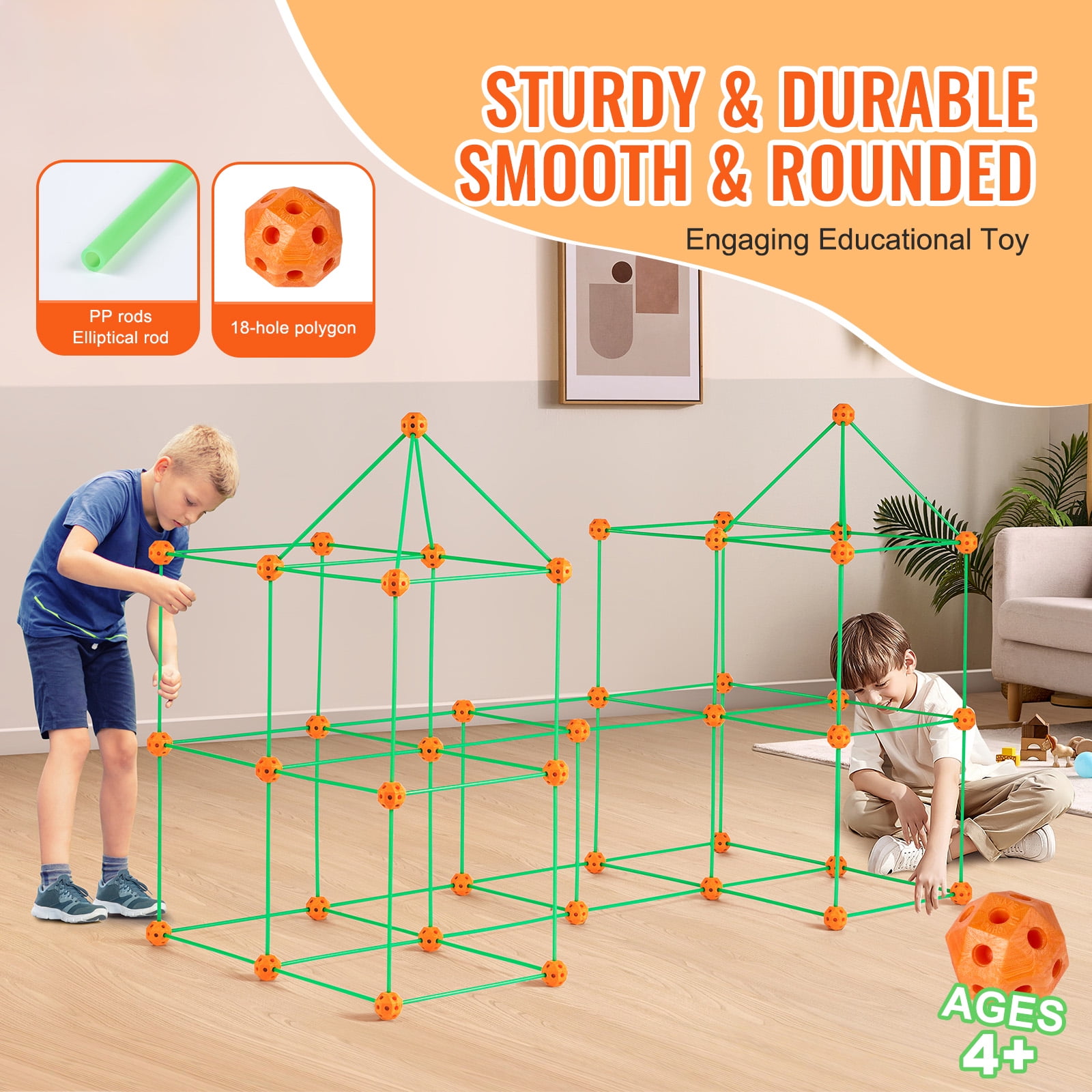KFFKFF Kids' Construction Playset, 180PCS STEM Fort Kit, Ideal for Children Aged 4-8, Encourages Creative Indoor & Outdoor Play, Includes 120 Connectable Sticks and 60 Balls, Perfect Gift
