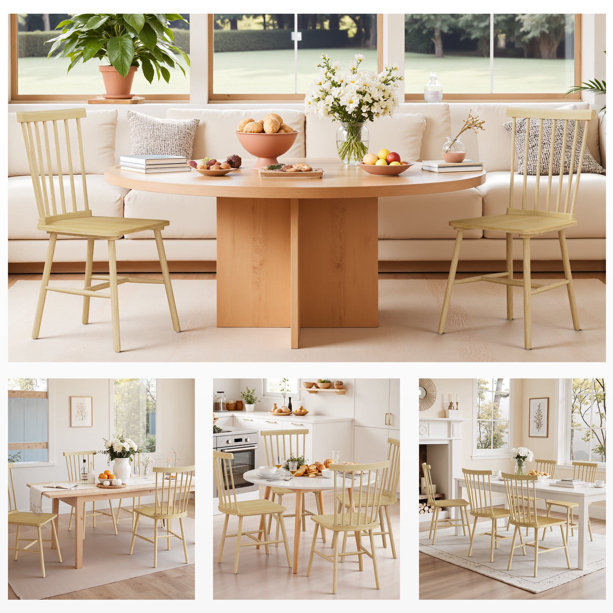 Homall Wood Windsor Dining Chair Set of 4,Farmhouse Spindle Back Chair for Kitchen & Dining Room,Natural Color