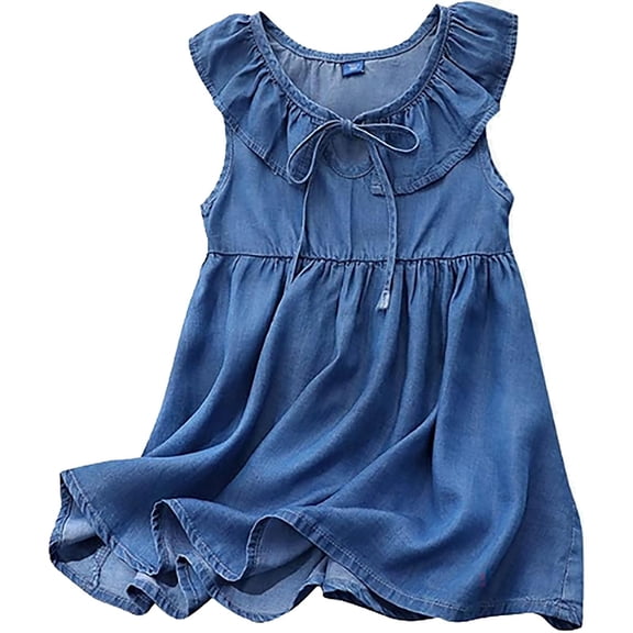 REDARER Girls Light Wash Denim Sleeveless Dress Ruffle Collar Front Tie Bow Loose Flowy A Line Summer Casual Kids Sundress,9-10 Years