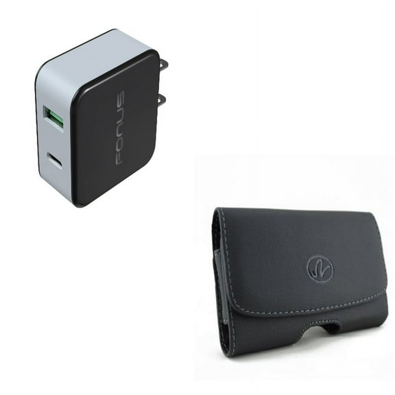 Black Leather Phone Case w 36W 2-Port USB Home Wall Quick Charger [Fast Type-C Port] X1X Compatible With Google Pixel 3a XL