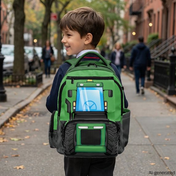 HELLHERO Green Tractor Design Multi Pockets School Bookbag with Breathable Water Resistant School Bag, Durable 17 Inch Casual Daypack for Elementary Scuola