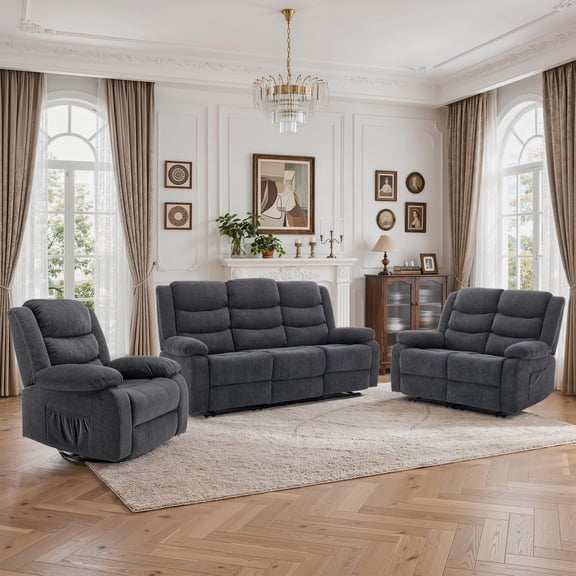 Korser 3-Piece Recliner Sofa Set Manual Recliner with Massage & Heat,Reclining Loveseat and 3-Seat Reclining Sofa Couch for living room,Grey