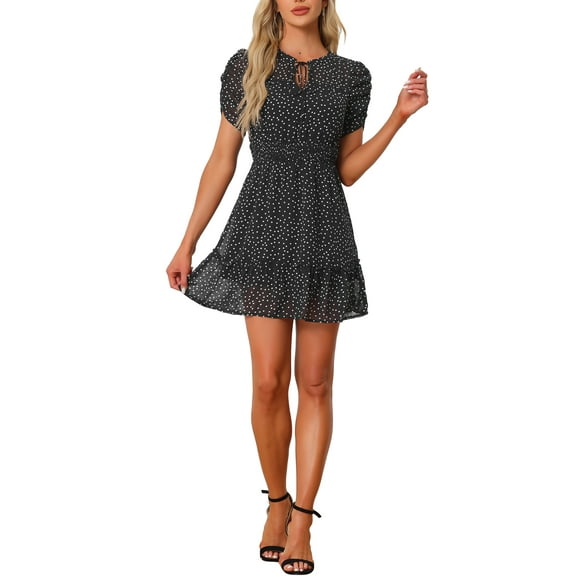INSPIRE CHIC Women's Chiffon Dress Ruched Sleeves Bow Tie Keyhole Front Elastic Waist Polka Dots Mini Dress