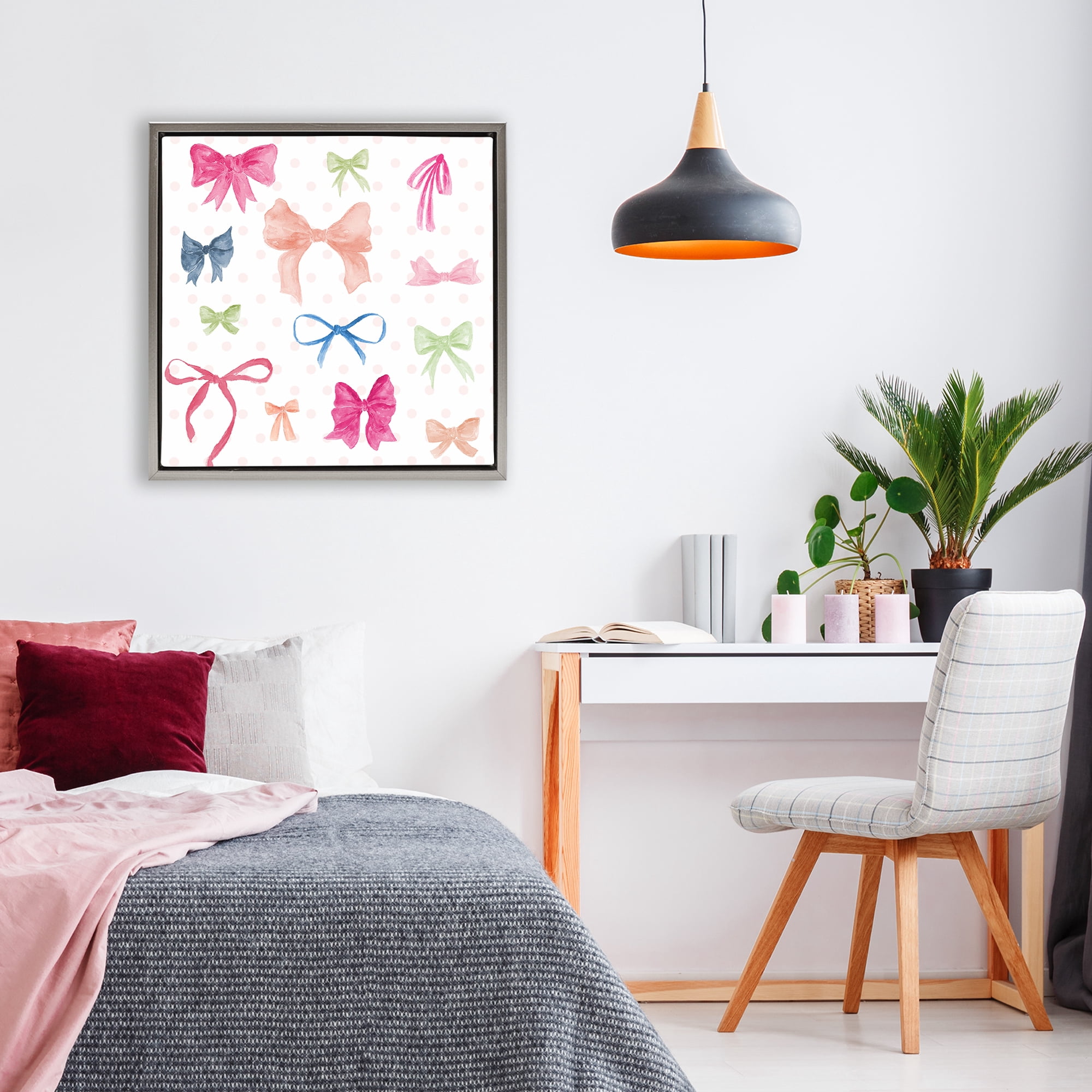 Stupell Industries Colored Bows on Plaid Gray Framed Floater Canvas Wall Art, design by Lucille Price