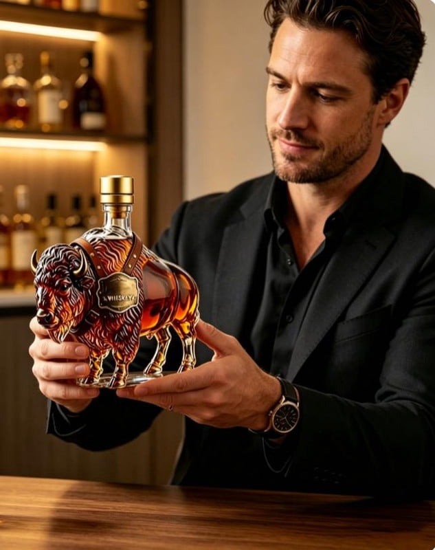 2026 New 3D Rustic Bison Glass Decanter, 10.1oz Liquor Bottle with Leak Proof Cap & Gift Box, Great for Bourbon Home Bar Parties