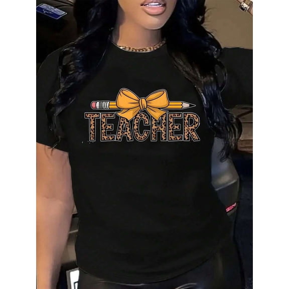 【New Arrival】Leopard Print Teacher Pencil Bow Graphic T-Shirt, Cotton Crew Neck Short Sleeve Tee, School Casual Wear Novelty Gift For Teachers Educators