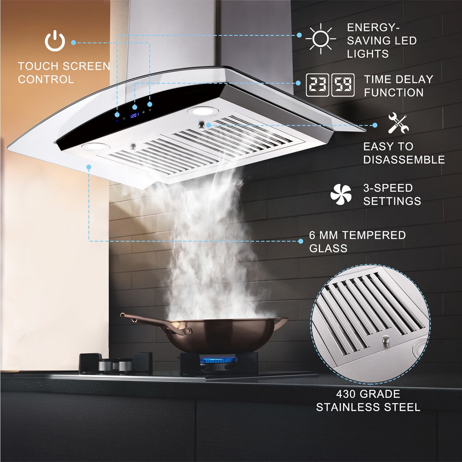 Joeaonz 30-Inch Wall Mount Range Hood with 700 CFM, 3-Speed Touch Control & LED Light