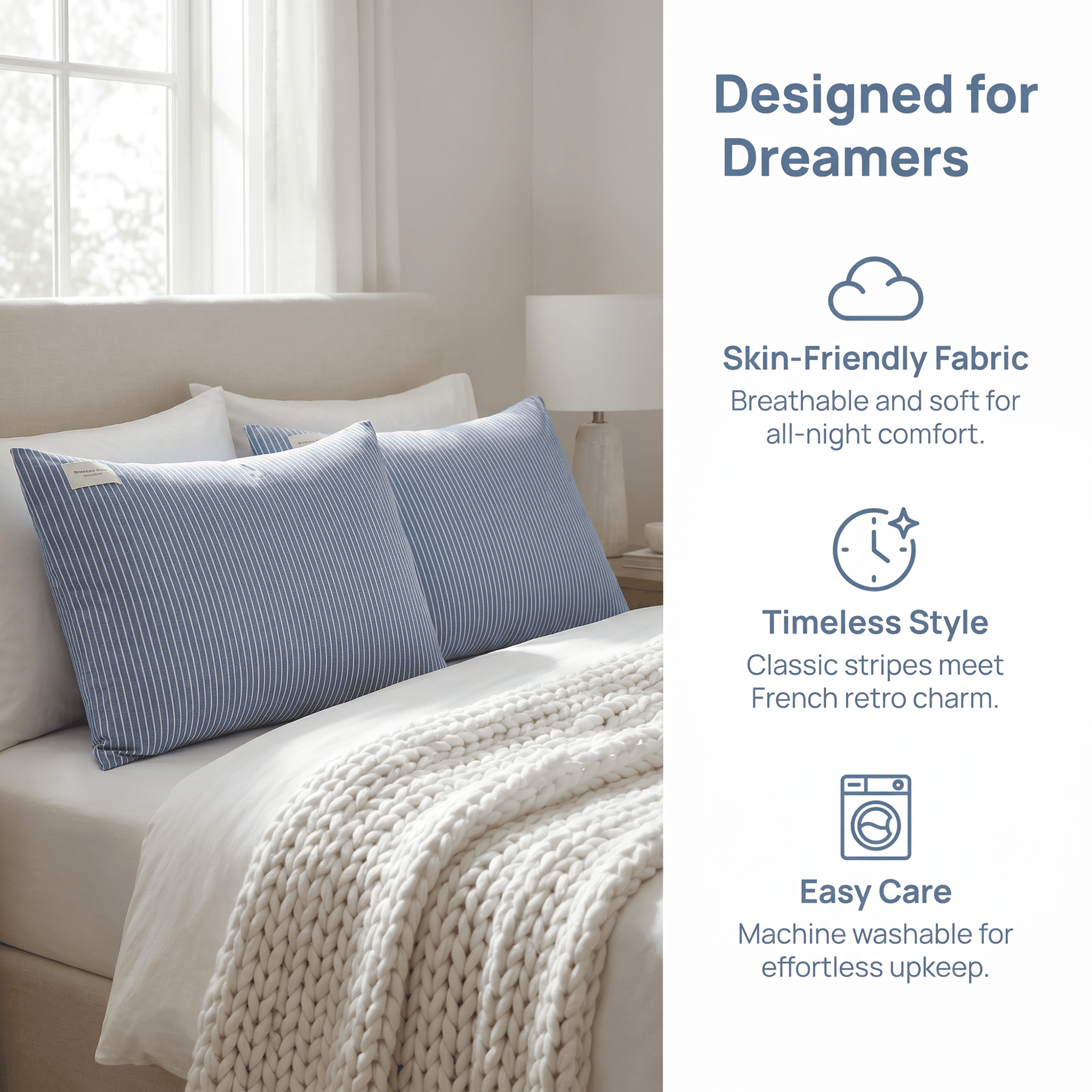 Unique Bargains 2Pcs Cotton Wrinkle Resistant Durable Pillowcase Queen Blue-White
