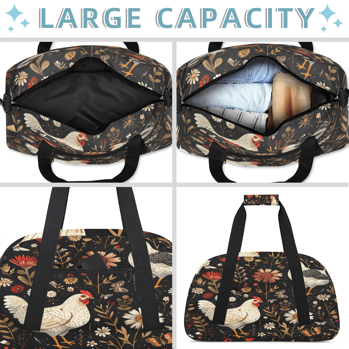 Herdesigns Sports Duffle Bags Travel Duffle Bag Gym Bag Farmhouse Floral Chicken Weekender Travel Bag Waterproof Overnight Bag Carry On Travel Tote Bag Dance Bags