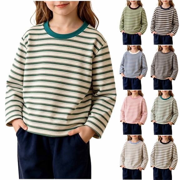 Children's Long Sleeve Shirt 95% Cotton Boys Girls Classic Striped Crew Neck Tee Soft Stretch Fall Tops for Ages 2-12