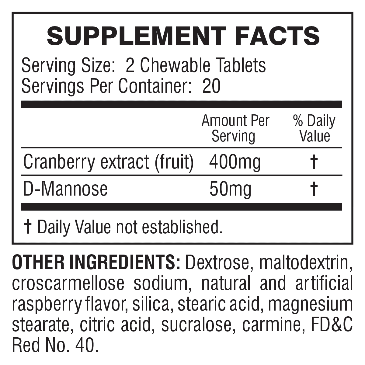URIcalm Cranberry Urinary Tract Health Supplement, Chewable, Women's Health, Berry Flavor, 40 Count
