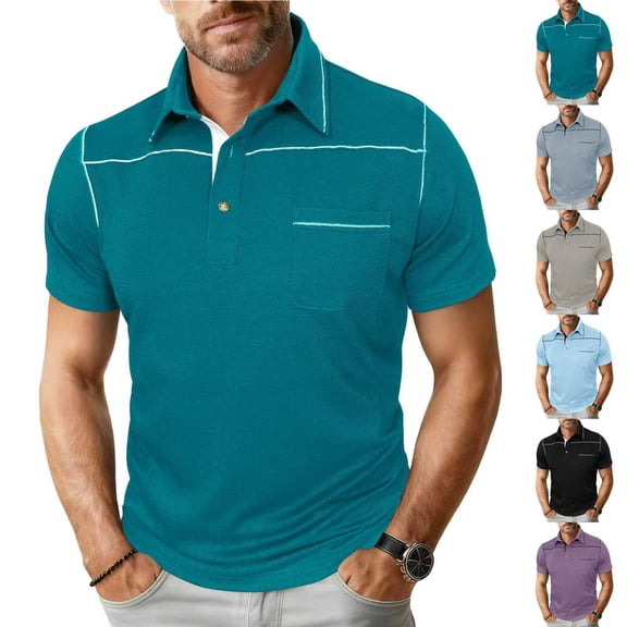 Bxsruta Men'S Casual Short Sleeve Shirt with Turndown Collar and Pocket, Comfortable Polyester for Daily Outdoor Wear, Easy Care, 2XL